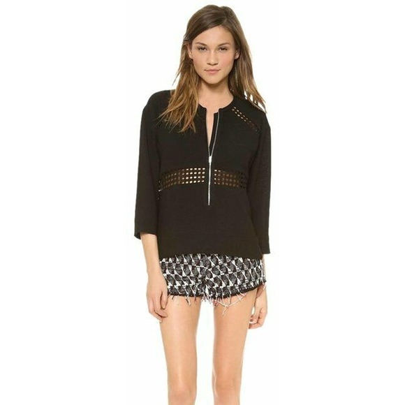 IRO Bret Crepe Half Zip Laser Cut Top Black 3/4 Sleeve 38 / 6 - Picture 1 of 9